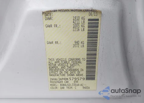 2013 Nissan Altima 2.5 Sl из США, поврежденный, VIN 1N4AL3AP4DN579579